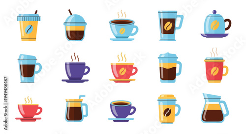 Collection of various coffee cups and beverages isolated on white background