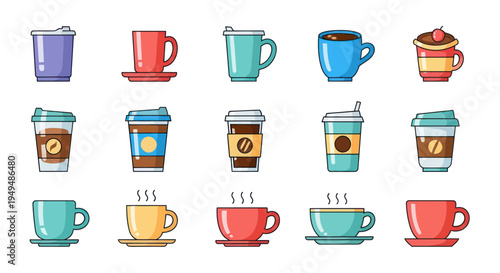 Collection of various coffee cups and mugs in a flat design style