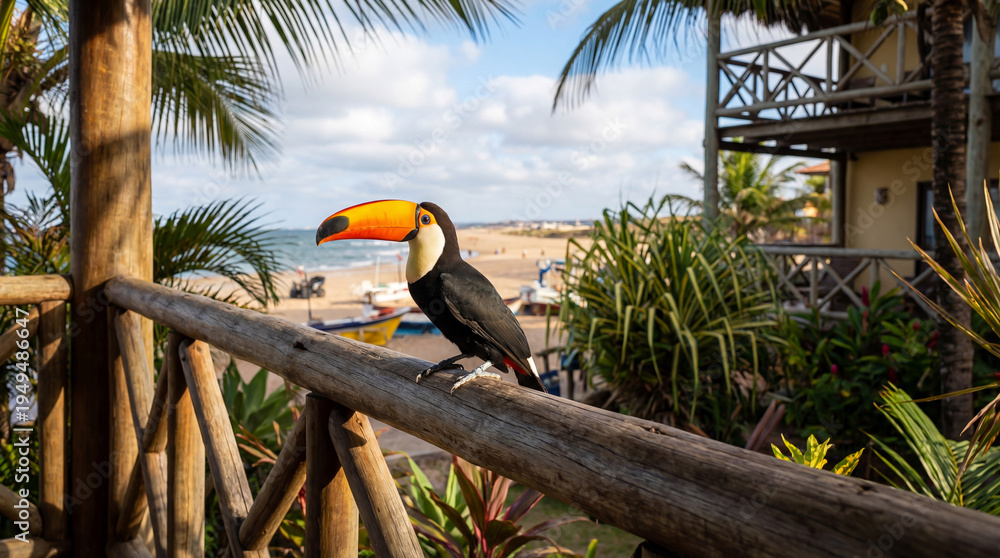Naklejka premium Toucan Bird Perched on Wooden Railing Overlooking Tropical Beach with Boats