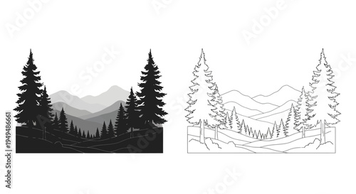 A grayscale landscape featuring silhouetted trees and mountains in two distinct styles