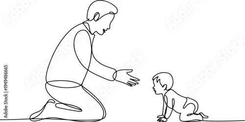 Father and baby crawling one line drawing child family