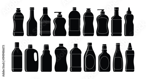Black silhouettes of various plastic bottles and containers arranged in rows