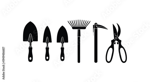 A collection of black silhouette gardening tools displayed in a horizontal row