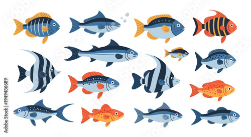 Colorful aquatic fish collection in various shapes and sizes on white backdrop