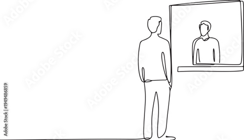 Person viewing reflection in mirror continuous line art