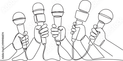 Group of hands holding microphones continuous line art