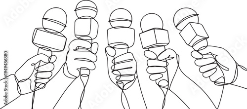 Five hands holding microphones in continuous line drawing