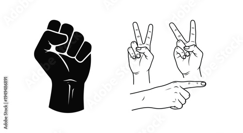 Four hand gestures a fist peace signs and a pointing hand