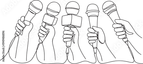 Multiple hands holding microphones in single line drawing