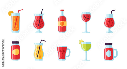 Colorful cocktail beverages collection vector illustration isolated on white