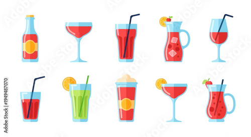 Colorful cocktail beverages collection vector illustrations isolated on white
