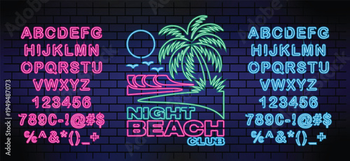 Neon Night Beach Club Sign with Palm Tree and Ocean Waves , Beach nightclub neon sign. Logo in Neon Style, Symbol, Design,