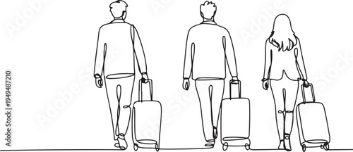 Three travelers walking away with luggage journey vacation