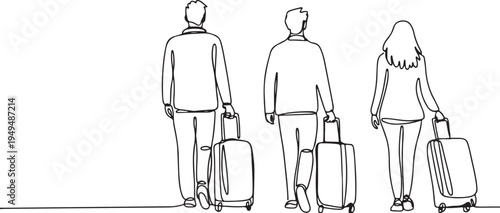 Three travelers walking away with luggage journey vacation