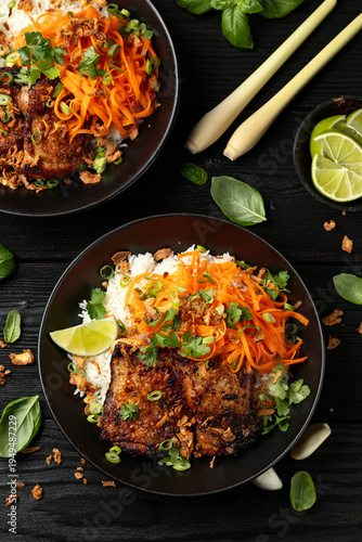Lemongrass chicken thigh with carrot pickles, rice and fried onion
