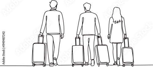 Three people with luggage walking in single line art