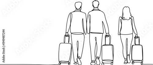Three figures with suitcases walking on white background