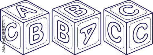 Three toy blocks with letters ABC in blue outline