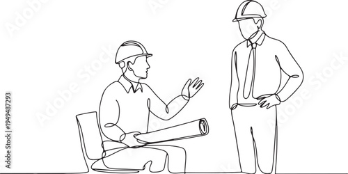Two architects discussing plans in single line art