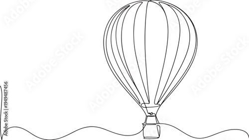 Continuous line art of a hot air balloon with basket