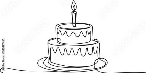 Single line drawing of a two-tier birthday cake with candle