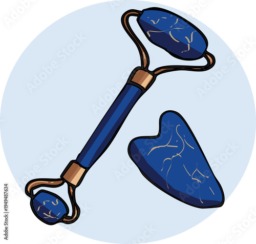 A high-quality vector illustration of a luxury facial massage set, including a dual-sided roller and a heart-shaped Gua Sha scraper. The tools are crafted in a deep sapphire or lapis lazuli blue stone