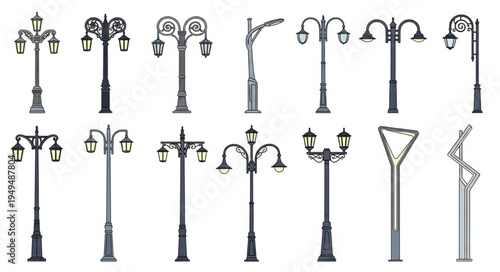 Collection of vintage street lamp designs and modern lampposts.