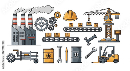 Industrial factory and equipment illustration with machinery and tools.