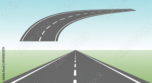 Curving asphalt road leading towards the horizon with lane markings.