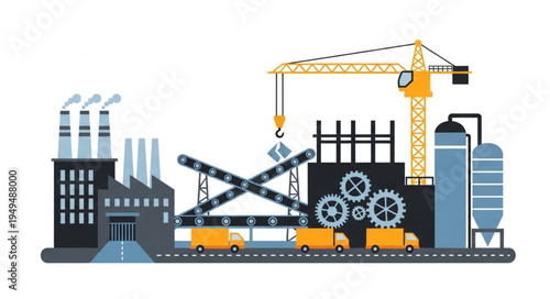 Industrial factory complex with trucks and crane.