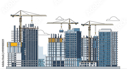 Modern city skyline with construction cranes and unfinished buildings.