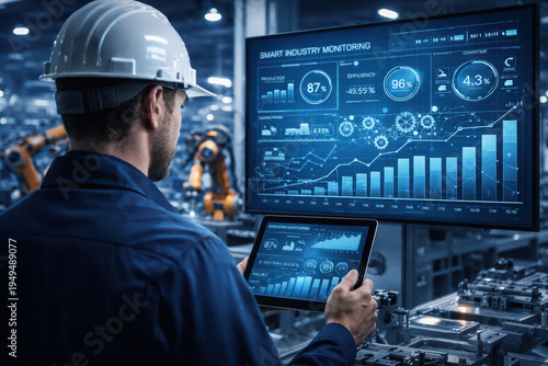 Smart industry monitoring production efficiency industrial automation factory worker digital screen tablet device manufacturing process data analysis robotic arm technology engineering industrial