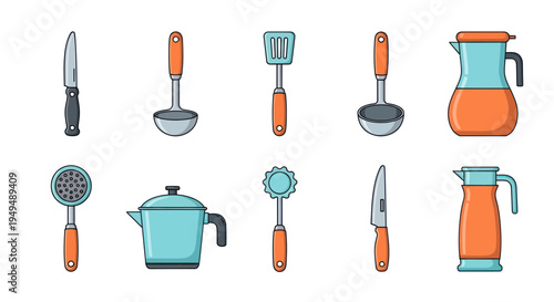 Collection of kitchen utensils isolated on white background for design