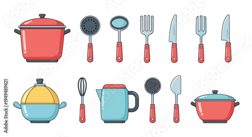 Collection of kitchen utensils and cookware vector illustration set