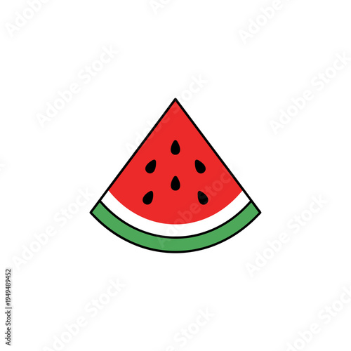 A simple cartoon illustration of a triangular watermelon slice with red flesh, black seeds, white rind, and green skin.