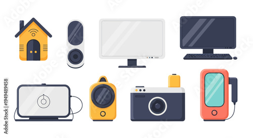 Collection of modern digital devices and gadgets in flat vector illustration