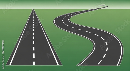 Two Roads Straight and Winding Through Green Landscape.