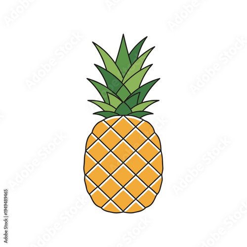 A simple illustration of a whole pineapple with a yellow body and green leaves on a white background.