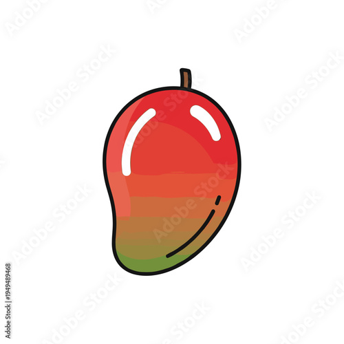 A vibrant cartoon illustration of a ripe mango with red and green skin and a small stem on a white background.