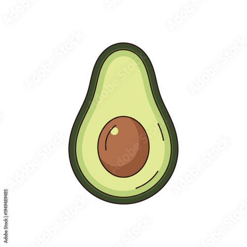A simple, clean illustration of a halved avocado with its brown pit, featuring light green flesh and a dark green skin outline on a white background.
