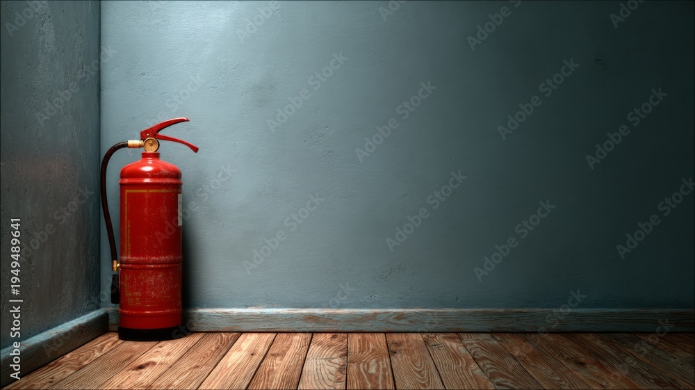 Obraz premium Red fire extinguisher against grey wall. Artificial intelligence image