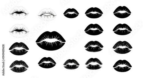 Collection of Black Lipstick Kiss Marks on White Background.