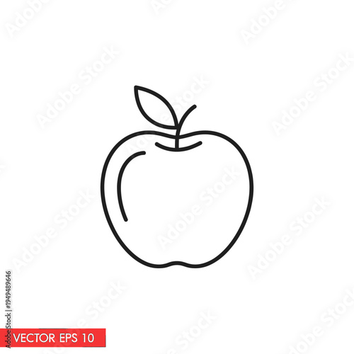 A simple, clean line art illustration of a red apple with a stem and a leaf.