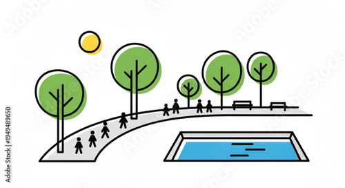 Stylized illustration of a park scene with people walking and a swimming pool.