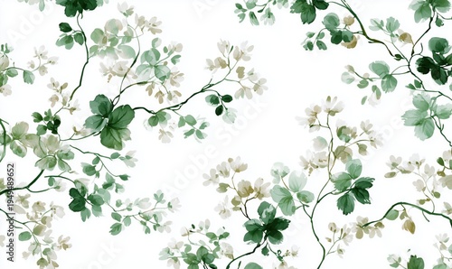 delicate green floral pattern on a white background, a seamless repeating pattern, an elegant and sophisticated style Generative AI