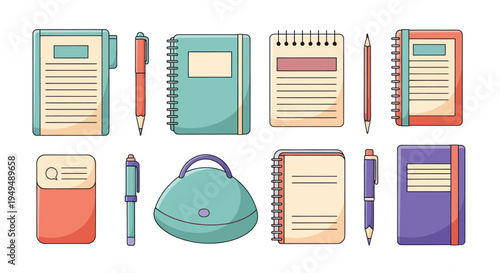 Collection of notebooks pens and bag illustrations for various applications