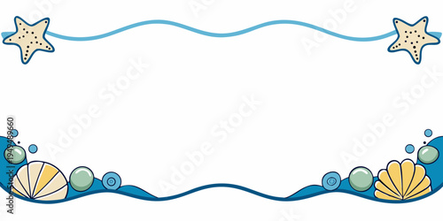Marine frame with starfish shells and ocean waves, vector