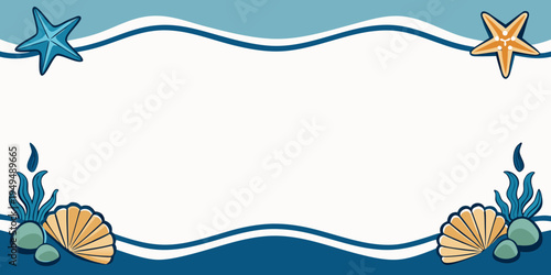 Marine themed border with starfish and seashells, vector