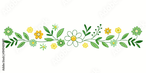 Floral horizontal divider with green leaves and yellow flowers, vector