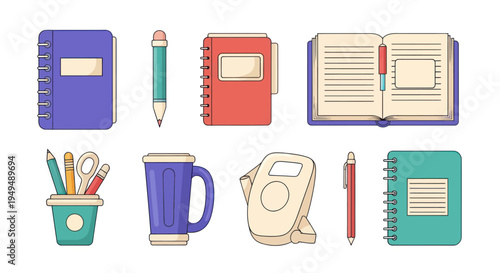Collection of office and school supplies on white background vector illustration